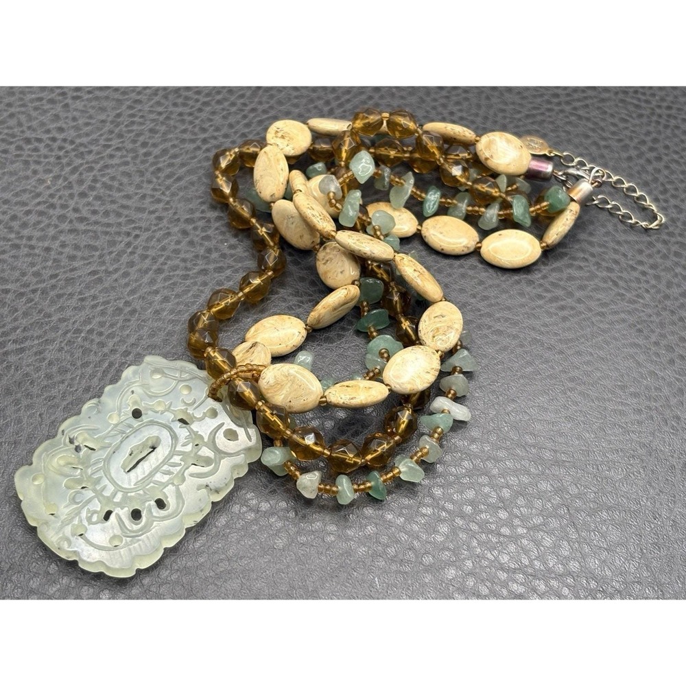 VTG Cookie Lee Asian Style Jade Gemstone Necklace 3 Strand Multistrand 16-19"